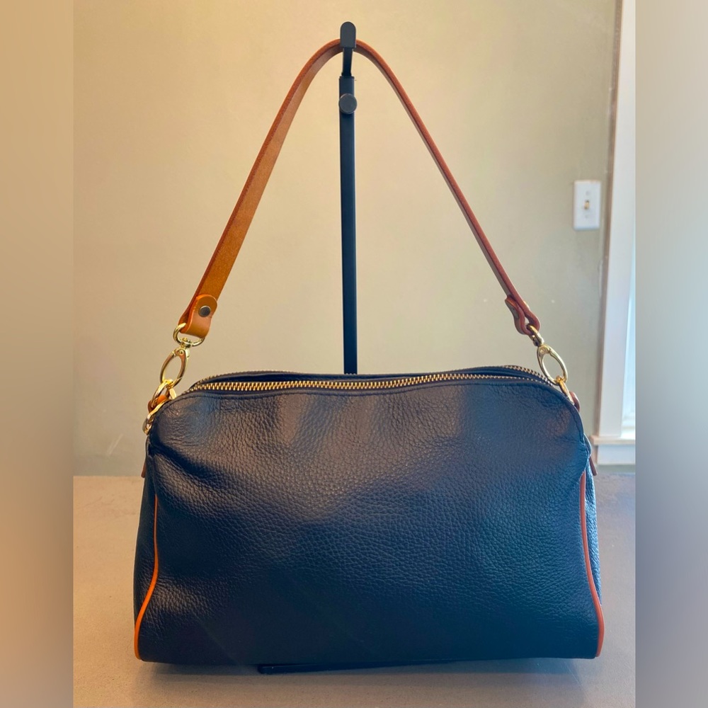 Valentina Italian Leather Handbag in Black with Tan